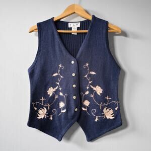 90s Whimsigoth Cottagecore Knit Vest Sweater M Navy Blue Embroidered Witchy